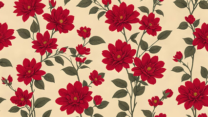 Colorful floral pattern featuring red flowers and leafes on a cream background, elegant and vibrant textile design for home decor or fashion