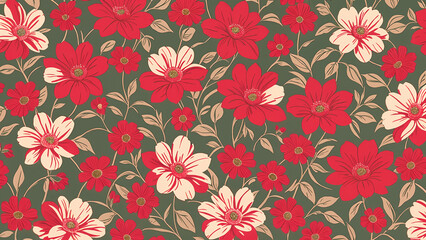 Colorful floral pattern featuring red flowers and leafes on a cream background, elegant and vibrant textile design for home decor or fashion