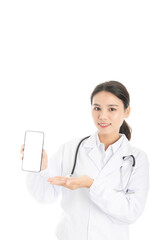 Young Chinese female doctor on white background