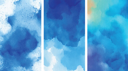 Abstract Watercolor Background Set Blue Shades Texture Vertical Triptych Light Blue Dark Blue Teal White