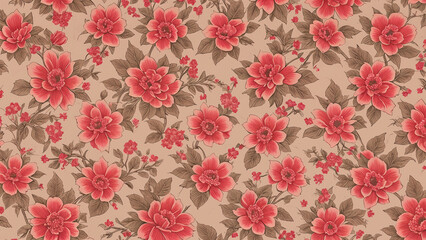 Colorful floral pattern featuring red flowers and leafes on a cream background, elegant and vibrant textile design for home decor or fashion