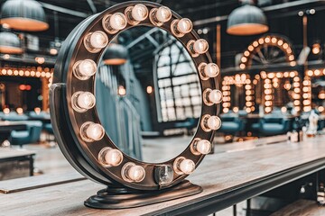 A round, ornate vanity mirror with a ring of warm light bulbs, sits on a wooden counter in a stylish, industrial-chic salon