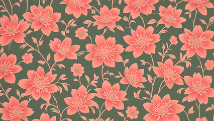 Colorful floral pattern featuring red flowers and leafes on a cream background, elegant and vibrant textile design for home decor or fashion