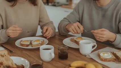 Cozy Morning breakfast with Coffee and Eggs on Toast. couple 