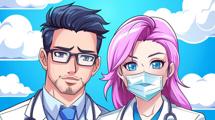 female doctor in medical mask with pink hair and man in glasses on blue background and clouds, anime style