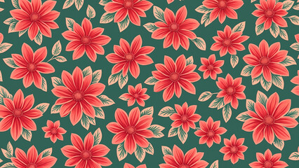 Colorful floral pattern featuring red flowers and leafes on a cream background, elegant and vibrant textile design for home decor or fashion