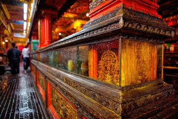 Ornate temple divider with intricate carvings and glass displays