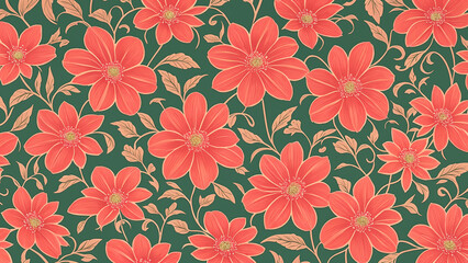 Colorful floral pattern featuring red flowers and leafes on a cream background, elegant and vibrant textile design for home decor or fashion