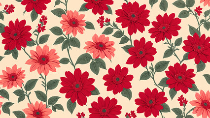 Colorful floral pattern featuring red flowers and leafes on a cream background, elegant and vibrant textile design for home decor or fashion