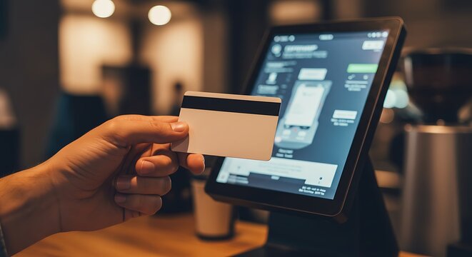 Contactless payment with credit card, secure transaction at cafe counter terminal