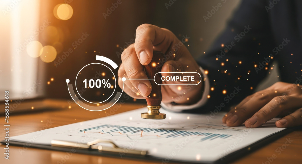 Poster completing document approval process with rubber stamp for business success and project completion r