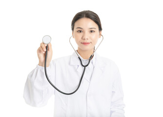 Young Chinese female doctor on white background