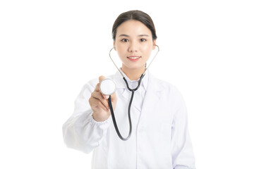 Young Chinese female doctor on white background