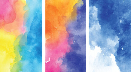 Abstract Watercolor Backgrounds Set of Three Vertical Panels Vibrant Yellow Blue Pink Orange Purple Hues Soft Blends Textured Design Elements