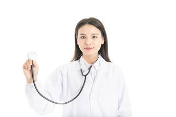 Young Chinese female doctor on white background