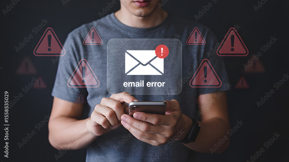 Poster person experiences email error on smartphone with several warning signs indicating problem, signalin