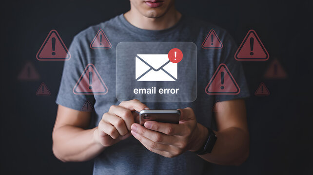 Person experiences email error on smartphone with several warning signs indicating problem, signaling potential connectivity or sending issues.
