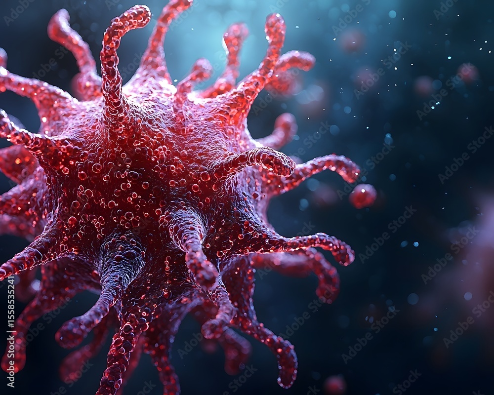 Poster magnified red virus with dynamic appendages evolving at an unnatural speed