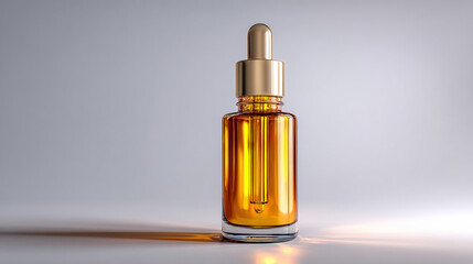 Naklejka premium Realistic serum bottle with golden dropper cap, filled with amber liquid, stands elegantly against soft gradient background, evoking sense of luxury and sophistication