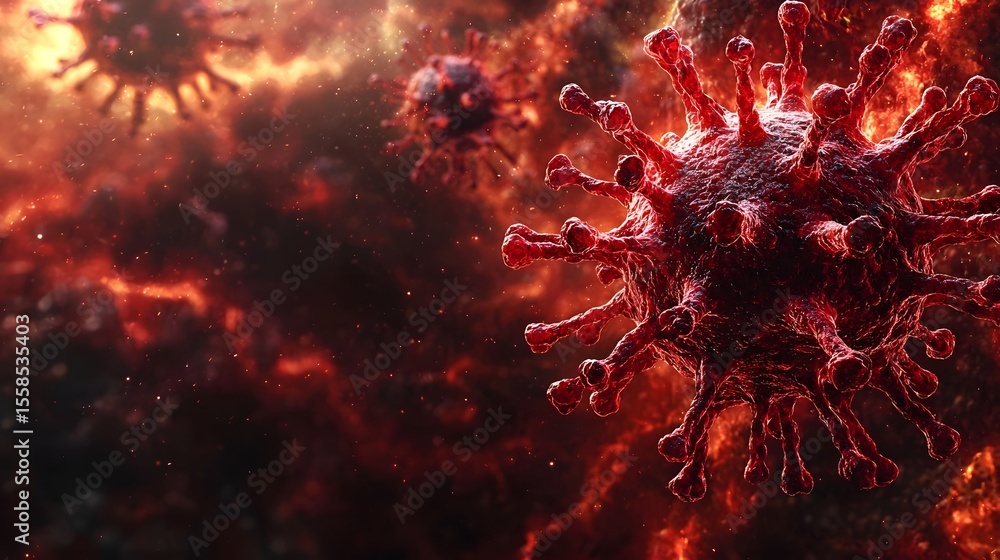 Poster pulsating bioluminescent red virus with an alien like structure