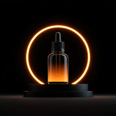 Naklejka premium Realistic serum bottle is displayed prominently against dark background, illuminated by glowing orange circle. sleek design and amber liquid create elegant and modern aesthetic