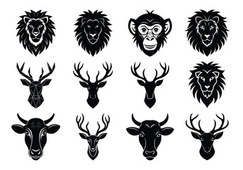 Vector art of a collection of animal head silhouettes isolated on white background, including lions, deer, cows, and chimpanzees