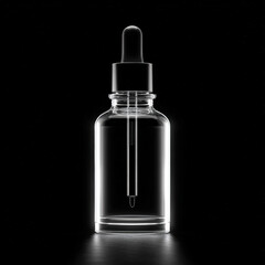 Clear serum bottle with dropper, elegantly illuminated against black background, showcasing its sleek design and transparency. minimalist aesthetic evokes sense of purity and sophistication