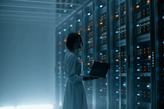 Data center server room it engineer woman laptop technology cloud computing cybersecurity ai