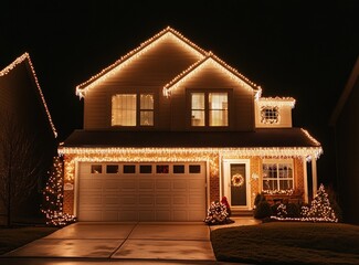 A warmly lit house at night adorned with holiday lights