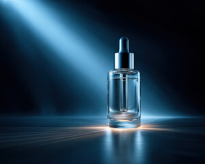Naklejka premium Sleek serum bottle stands elegantly against dark background, illuminated by soft beam of light. glass reflects light beautifully, creating serene and sophisticated atmosphere