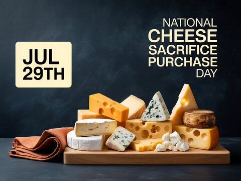 Assorted cheeses piled on a wooden board for national cheese sacrifice purchase day - Powered by Adobe