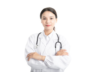 Young Chinese female doctor on white background