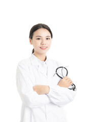 Young Chinese female doctor on white background