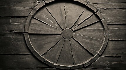 Weathered Wooden Wheel: Rustic Texture and Geometric Pattern, Dark Tones.
