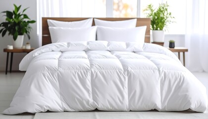 Crisp White Comforter on Modern Bed with Bedroom Decor  Cozy Sleeping Space.