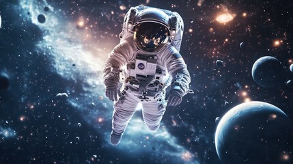 A lone spacewalker floats in deep space, stars and planets surround