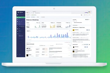 Laptop displaying a dashboard with various metrics and data visualizations.  Multiple graphs, charts, and lists are visible, suggesting a business or social media management platform
