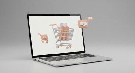 E-Commerce Laptop Display with 3D Shopping Cart and Notification Icons, Online Shopping Interface on a Modern Silver Laptop for Digital Marketplace