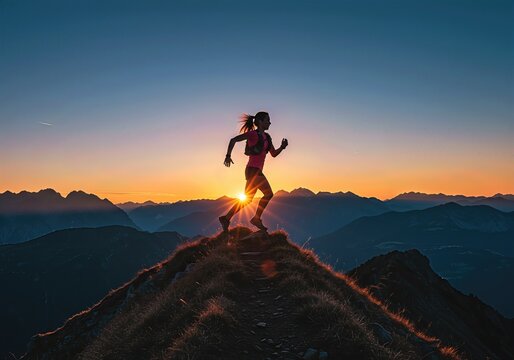 Determined woman trail running on a mountain summit at sunrise, embodying achievement, freedom, and an active, healthy lifestyle. - Powered by Adobe