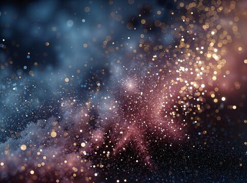 Explosive sparkling gold glitter and stardust in a hyper-reaic background with shimmering light effects and a dynamic cosmic atmosphere filled with glowing particles and depth.