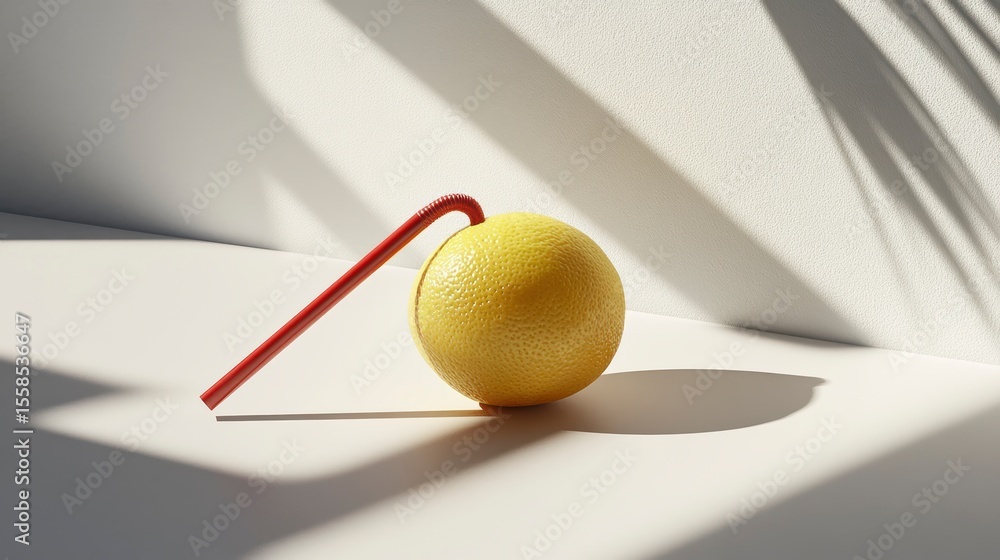 Aufkleber A whole lemon with a red straw resting against it, casting shadows on a white surface in sunlight.