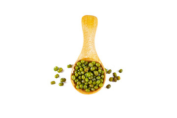 Heap of green mung beans with wooden spoon isolated on white background.