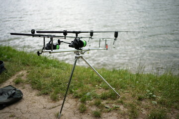 Fishing Rods with Bite Alarms and Reels – Carp Fishing Setup on Stand