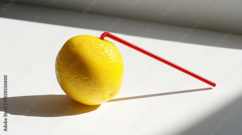 Poster a whole lemon with a red straw inserted into it, casting shadows on a white surface.