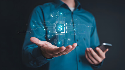 Man holds a digital money processor in his hand representing fintech and future finance, illustrating the convergence of technology and currency.