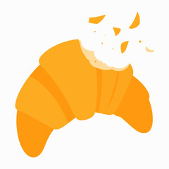 An orange croissant with a bite taken out of it surrounded by small crumblike shapes