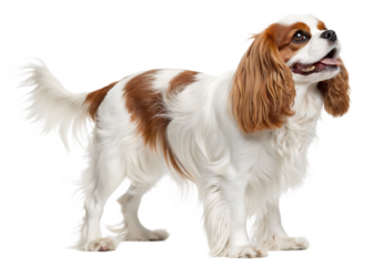 A full body cavalier spaniel with white and brown fur standing attentively isolated on a transparent background