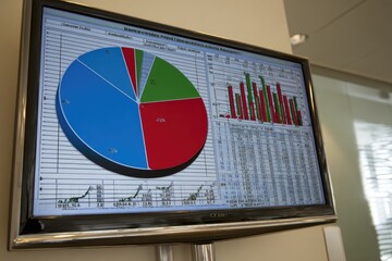 Flat-screen monitor displaying financial data charts