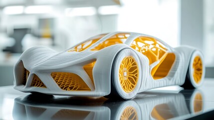 3D-printed white and yellow sports car model on a reflective surface.