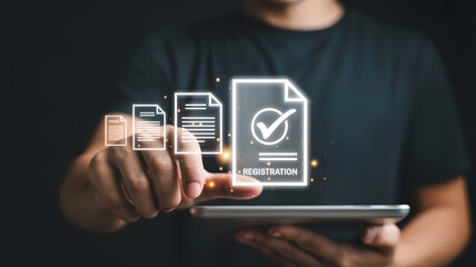 Person registering documents through digital tablet, showcasing online application and digital transformation, emphasizing the registration process.